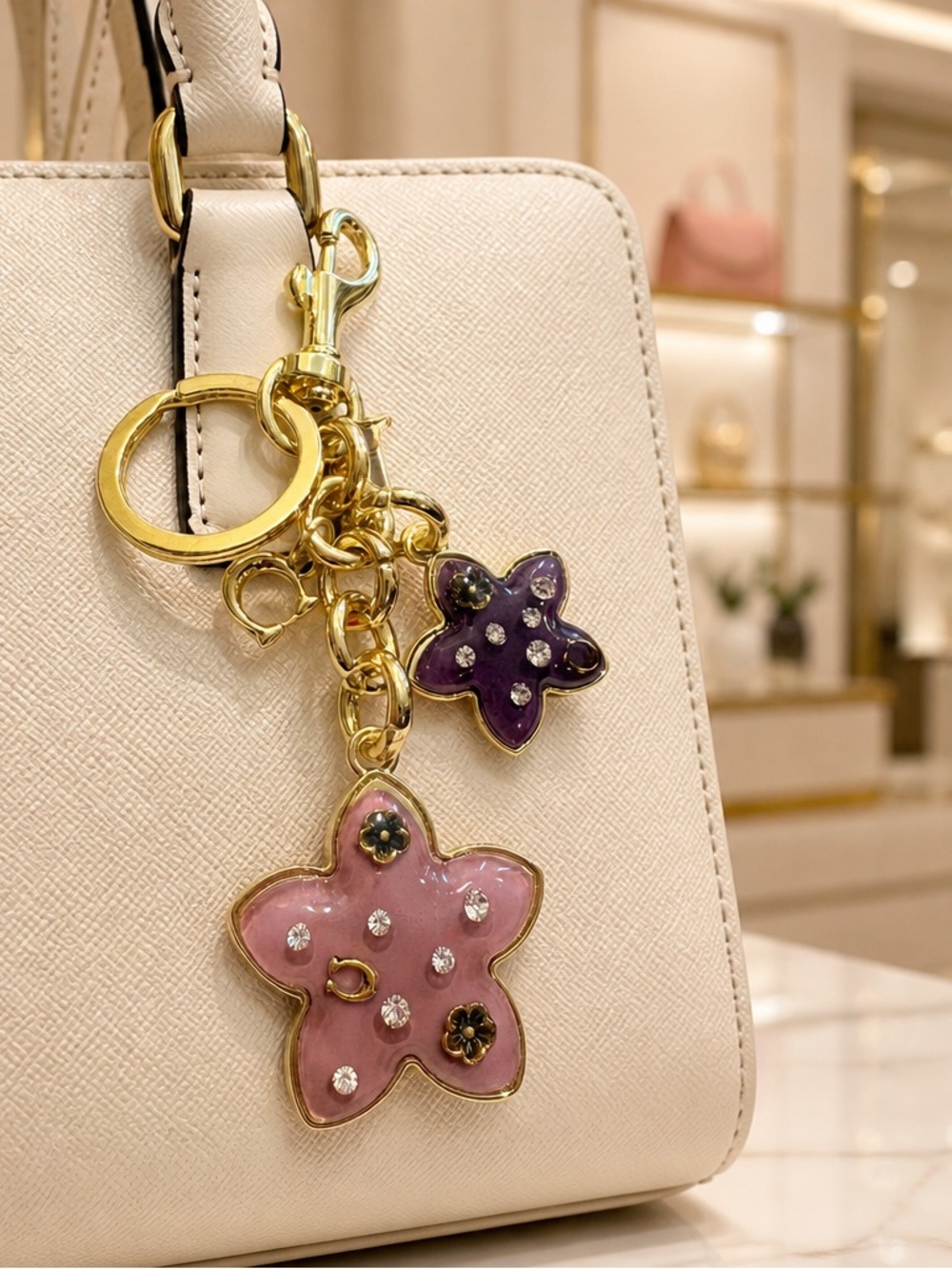 Coach Gold-Tone Pink & Purple Flower Enamel Keychain - Picture 2 of 5
